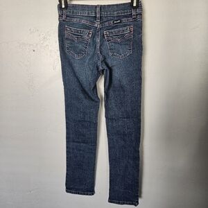 Wrangler Girls 10 Regular Medium Dark Wash Bootcut Denim Pink Stitching Western